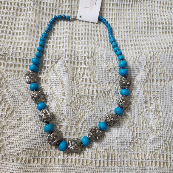 Azonic Jewelry - Boho Blue & Silver Chunky Necklace vintage - Full length 22", New with tag